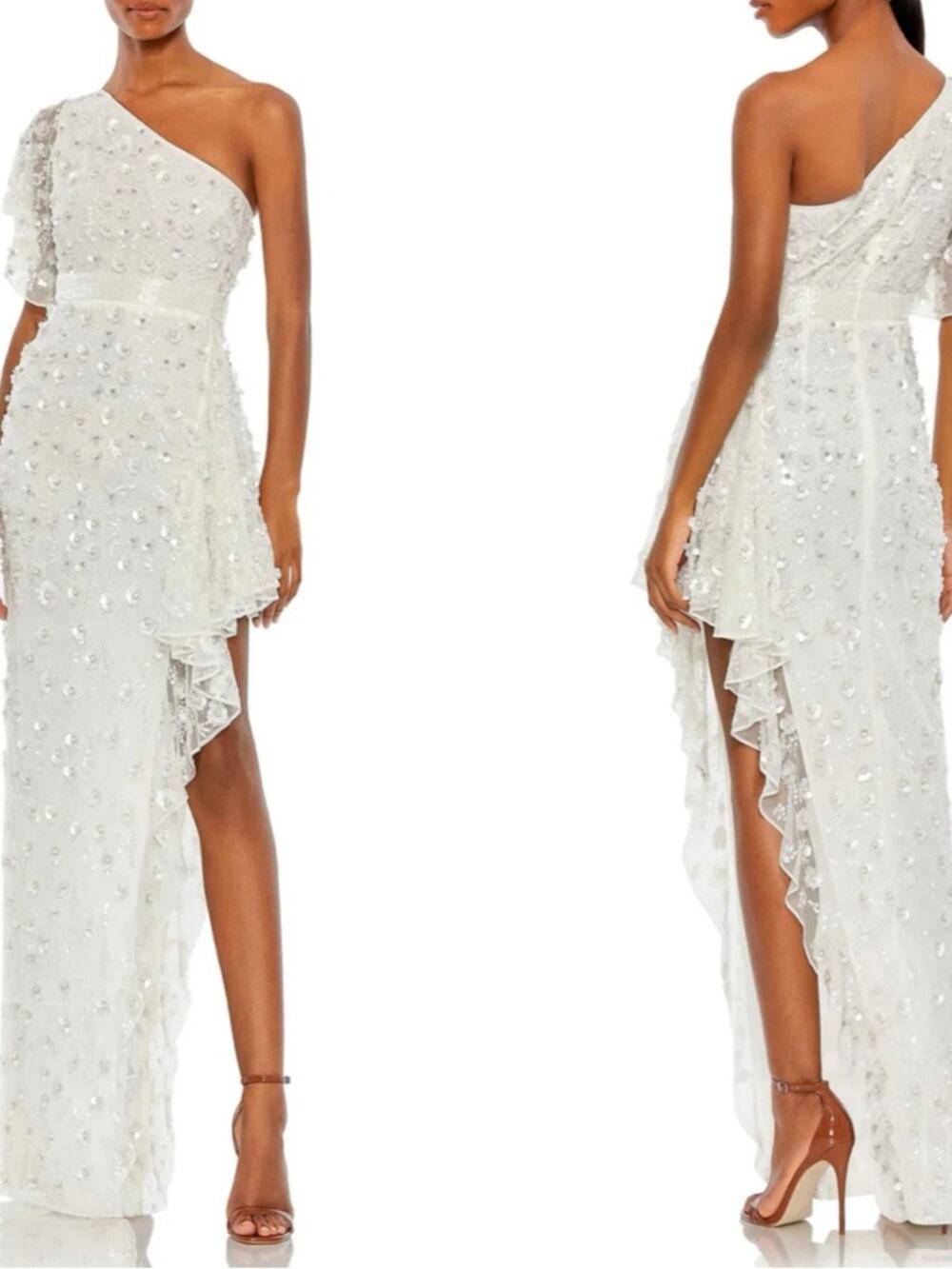 MAC DUGGAL One Shoulder Beaded Embellished White White 93687 Maxi Dress Size 0